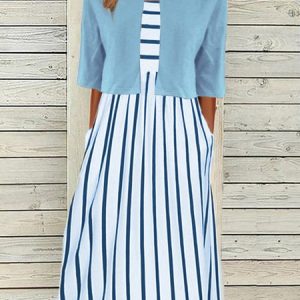 Striped Casual Half Sleeve Two-Piece Set, Suit Set, color:Blue|size:XXL, JustFashionNow
