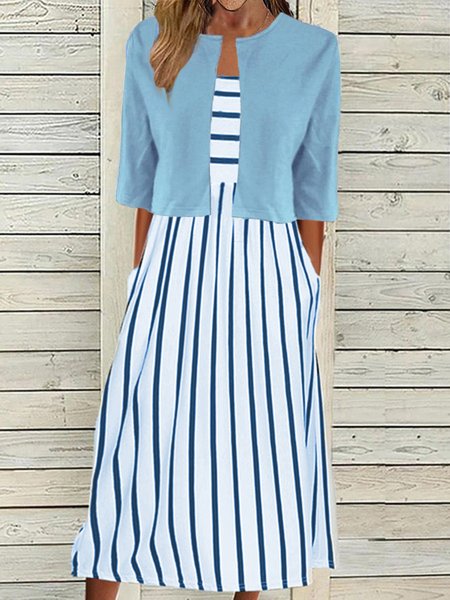 Striped Casual Half Sleeve Two-Piece Set, Suit Set, color:Blue|size:XXL, JustFashionNow