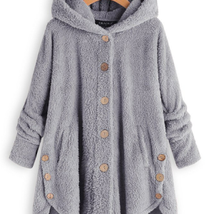 Cozy Fleece Hooded Sherpa Coat Symmetrical Button Teddy Bear Coat, Coats, color:Gray|size:3XL, Noracora