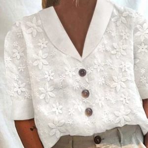 Cotton Casual Loose Plain Blouse V Neck Buttoned Top, Shirts & Blouses, color:White|size:XXL, JustFashionNow