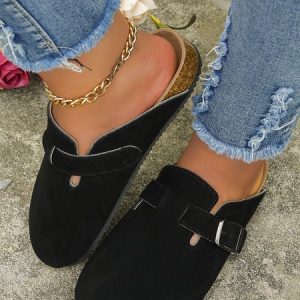 Buckle Decor Vintage Comfy Mules, Flats, color:Black|size:42, JustFashionNow