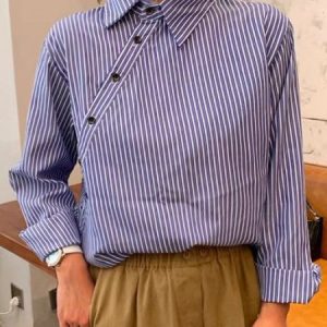 Shirt Collar Long Sleeve Striped Regular Loose TUNIC Shirt For Women 2023, Blouses, color:Blue|size:XL, Noracora
