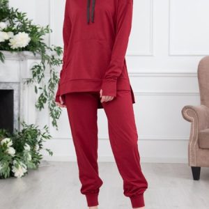 Women Plain Long Sleeve Comfy Casual Top With Pants Two-Piece Set, Sets, color:Red|size:XXL, Noracora