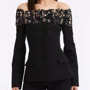 Regular Fit Elegant Lace Edge Boat Neck Blazer, Blazers, color:Black|size:XXL, Stylewe