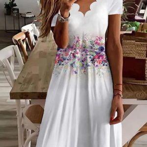 Vacation Floral V Neck Regular Fit Short Sleeve Knit Dress, Midi Dresses, Roselinlin - Online Catalog