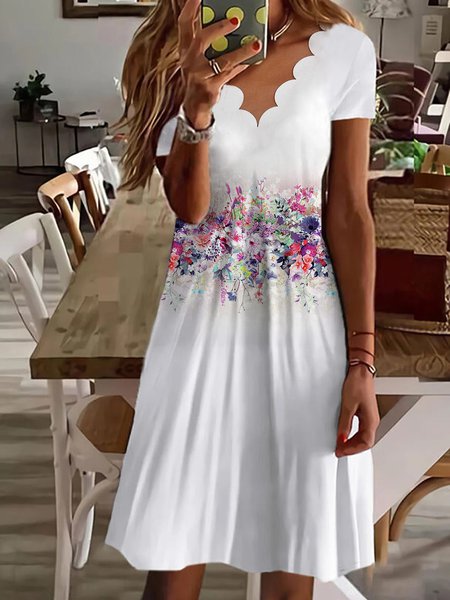 JFN Scallop Neck Floral Vacation Midi Dress, Dresses, color:White|size:XXL, JustFashionNow