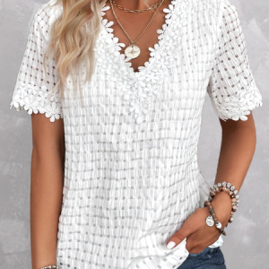 Lace V Neck Simple Plain T-Shirt, T-Shirts, color:White|size:XXL, JustFashionNow