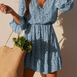 Summer Vintage Long Sleeve V Neck Floral Dress, Short, color:Blue|size:3XL, Noracora