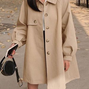 Shawl Collar Long Sleeve Plain Buckle Regular Loose Trench Coat For Women, Trench coat, color:Khaki|size:XXL, Noracora