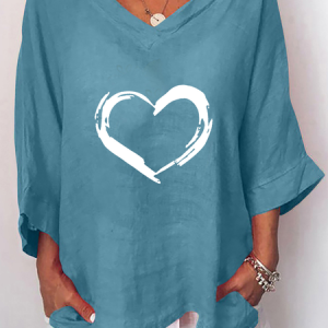 V Neck Long Sleeve Heart/Cordate Heavyweight Loose Shirt For Women, Blouses, color:Blue|size:5XL, Noracora