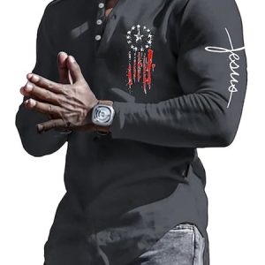 Casual Flag Independence Day Pattern V-Neck Long Sleeve T-Shirt Daily Men's Clothing, T-Shirts, color:Black|size:3XL, JustFashionNow