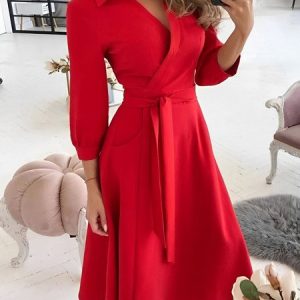 Urban Regular Fit Plain Midi Dress With Belt, Midi Dresses, color:Red|size:XXL, Stylewe