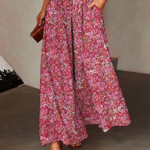Casual Floral Natural Long Drawstring Wide Leg Pants, Pants, color:Multicolor|size:XXL, Noracora