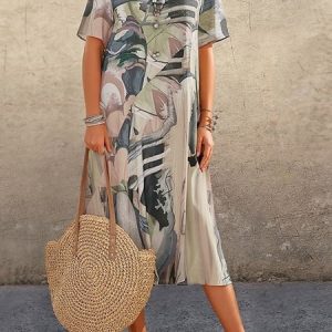 Casual Abstract Crew Neck Dress, Midi, color:Gray|size:3XL, Noracora