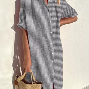 Loose Shirt Collar Casual Color Block Dress, Dresses, color:white-gray|size:XXL, JustFashionNow