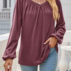 Casual Plain V Neck Long Sleeve T-shirt, T-shirts, color:Fuchsia|size:XXL, Noracora