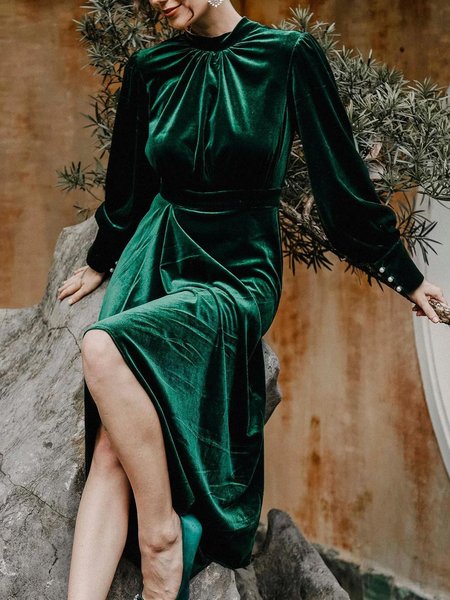 Elegant Plain Long Sleeve Spring Wedding Dress, Wedding Guest Dresses, color:Green|size:XXL, Stylewe