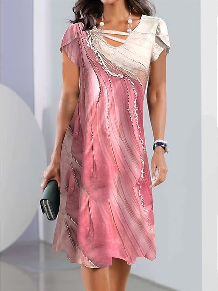 V Neck Casual Gradient Pattern Dress, Dresses, color:Pink|size:XXL, JustFashionNow