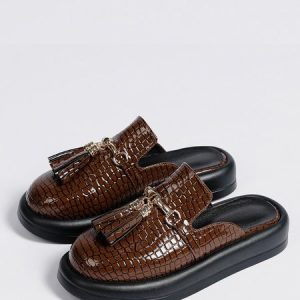 Brown Lizard Tassel Charm Loafer Mules, Flats, color:Brown|size:43, Stylewe