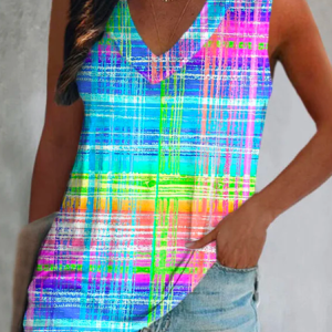 Loose Striped Casual V Neck Colorful Check Tie-dye Printed Women's Vest, Tanks & Camis, color:Blue|size:XXL, JustFashionNow