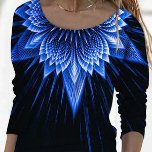 Casual Abstract Crew Neck Long Sleeve T-shirt, T-shirts, color:Blue Purple|size:5XL, Noracora