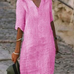 Women Striped V Neck Three Quarter Sleeve Comfy Casual Midi Dress, Maxi, color:Deep Pink|size:XXL, catalog Noracora shop