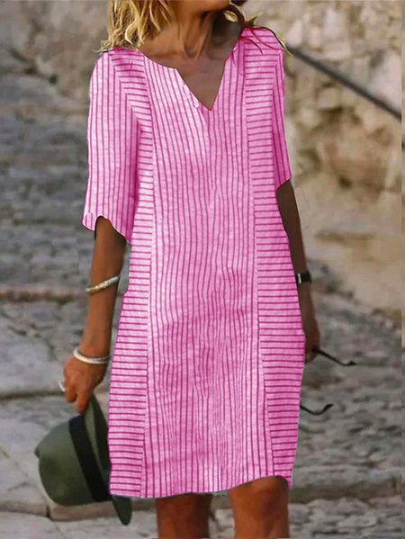 Casual V Neck Loose Striped Dress With No, Dresses, color:Deep Pink|size:XXL, JustFashionNow