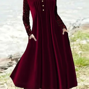 Plain Crew Neck Velvet Casual Dress, Dresses, color:Red|size:XXL, JustFashionNow