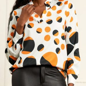 Daily Long sleeve Urban Polka Dots Regular Fit Top, Blouses and Shirts, color:Yellow|size:XXL, Stylewe