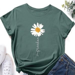 Crew Neck Floral Vacation Loose Floral & Letter Graphic T-Shirt, T-shirts, color:Green|size:XXL, catalog Noracora shop