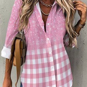 Shirt Collar Long Sleeve Plaid Buckle Regular Micro-Elasticity Loose TUNIC Blouse For Women, Shirts, color:Pink|size:3XL, Noracora