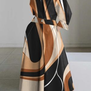 Abstract Stripes Casual Shirt Collar Dress, Maxi Dresses, color:Brown|size:XXL, Stylewe