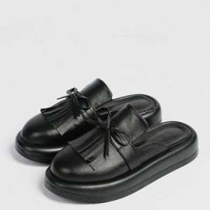 Yellow Black White Bow Tassel Classic Loafer Mules, Flats, color:Black|size:43, Stylewe