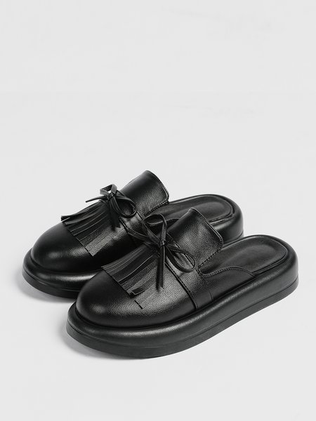 Yellow Black White Bow Tassel Classic Loafer Mules, Flats, color:Black|size:43, Stylewe