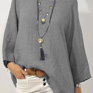 Women Solid Long Sleeve Linen Daily Casual Top, Blouses, color:Gray|size:XXL, Noracora