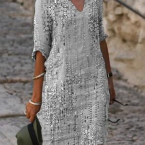 Notched Floral Casual Loose Dress, Short, color:Gray|size:XXL, catalog Noracora shop