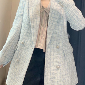 Lapel Collar Long Sleeve Plaid Regular Regular Fit Blazer For Women, Blazers, color:white-blue|size:L, Noracora