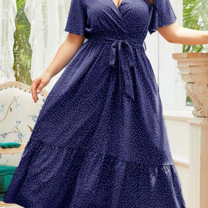 Plus Size Polka Dots Regular Fit Dress With No, Dresses, color:Deep Blue|size:4X, JustFashionNow
