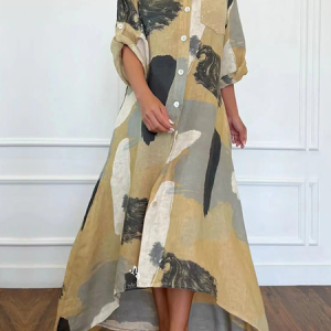 Shirt Collar Long sleeve Urban Loose Abstract Long Dress, Maxi Dresses, color:As Picture|size:XXL, Stylewe