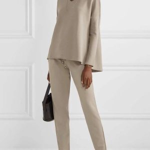 V Neck Loose Two Piece Top With Pants Set, Two-piece Set, color:Khaki|size:XS, Stylewe
