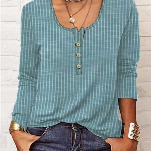 Notched Long Sleeve Striped Buckle Regular Loose Shirt For Women, Blouses, color:Green|size:XXL, Noracora