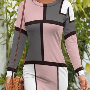 Women Color Block Crew Neck Long Sleeve Comfy Casual Short Dress, Dresses, color:pink-gray|size:XXL, Noracora