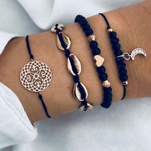 Shell Moon Bracelet 4-piece Set, Bracelets, color:Black, JustFashionNow