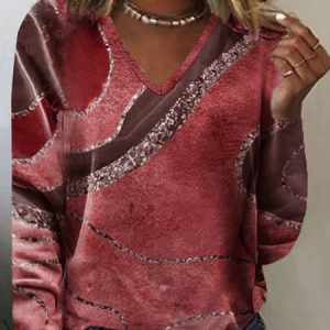 Casual Ombre V Neck Long Sleeve T-shirt, T-shirts, color:Red|size:XXL, Noracora