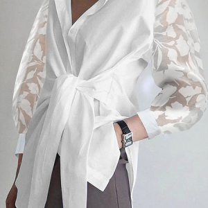 Regular Fit Shirt Collar Three Quarter Plain Urban Blouse, Blouses and Shirts, color:White|size:XXL, Stylewe