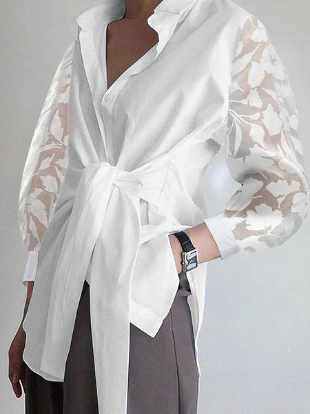 Regular Fit Shirt Collar Three Quarter Plain Urban Blouse, Blouses and Shirts, color:White|size:XXL, Stylewe