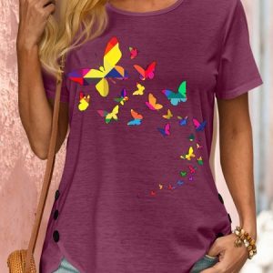 Women's Butterfly print Casual Cotton-Blend T-Shirt, color:Wine Red|size:3XL, Lilicloth.com