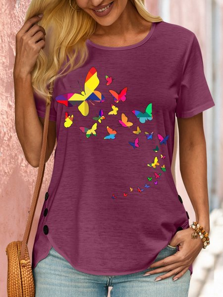 Women's Butterfly print Casual Cotton-Blend T-Shirt, color:Wine Red|size:3XL, Lilicloth.com