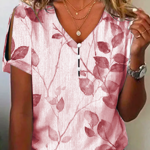 V Neck Casual Leaf Printed Blouse, Blouses, color:Red|size:XXL, Noracora