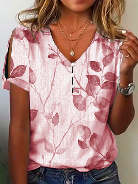 V Neck Casual Leaf Printed Blouse, JustFashionNow Blouses, color:Red|size:XXL,